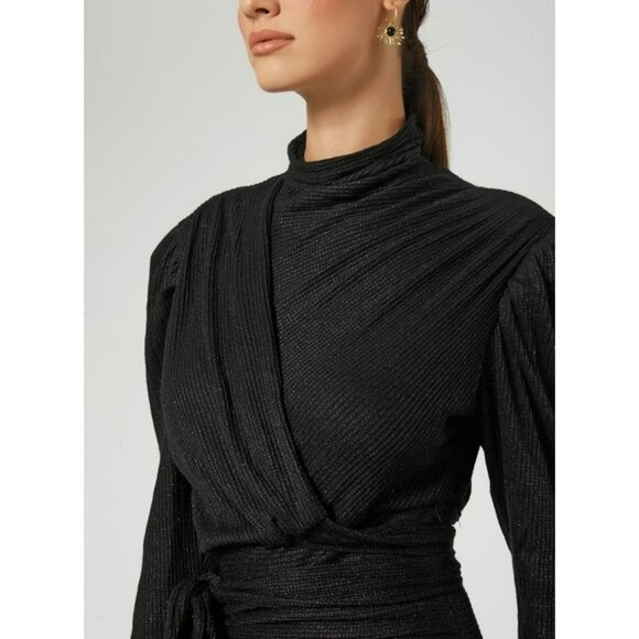 Sabina Musayev Black Metallic Ruched Dress Long Sleeve Party Holiday Fun Sexy - Picture 3 of 16